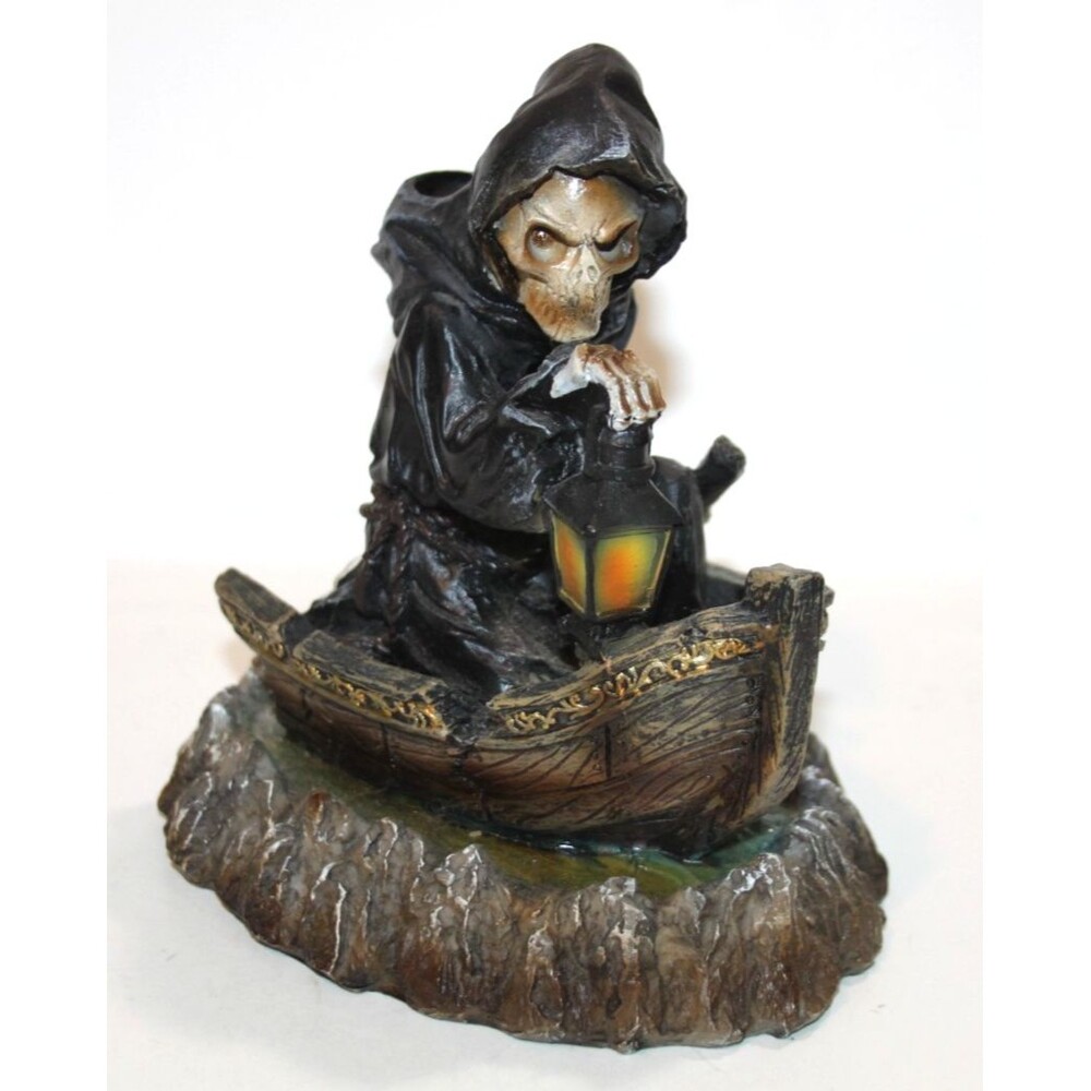 Grim Reaper Boatman of Death Backflow Incense Burner Halloween Spooky Figure 6"